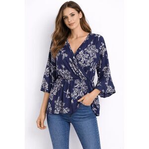 Women’s Purple Floral Wrap Top | V-Neck Kimono Sleeve Blouse | Casual Chic 1XL